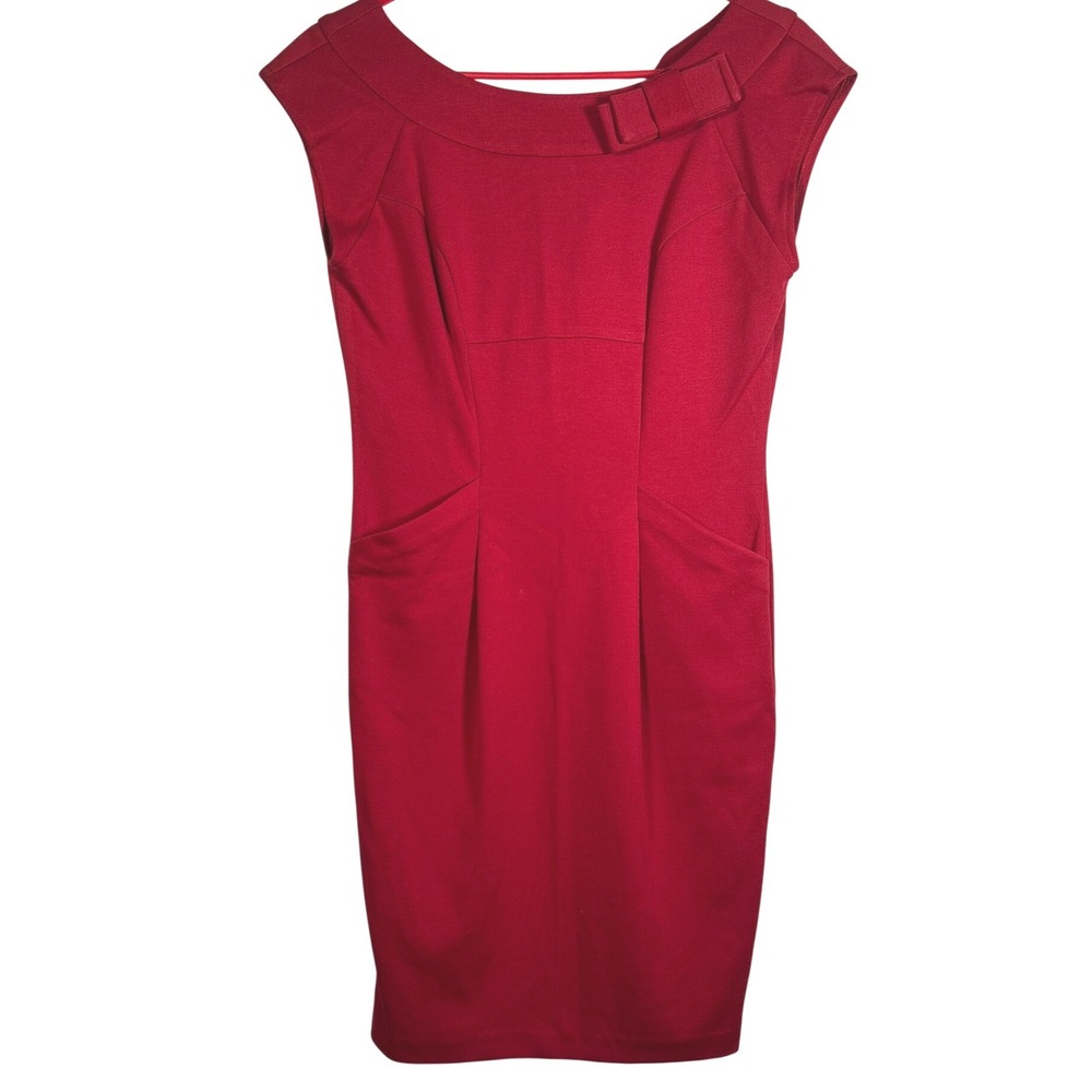 Evan-Picone Womens Dress Red Boat Neck Bow Accent Sheath Sleeveless Pockets Sz 4